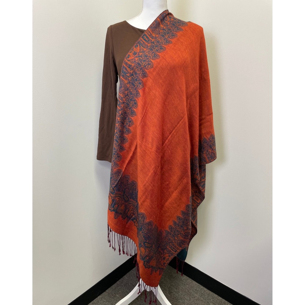 Pashmina Cashmere Silk Paisley Scarf Orange Teal Reversible Fringe Wrap Shawl